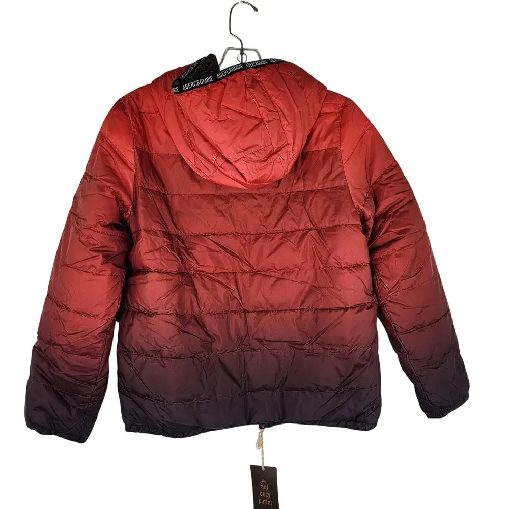 Abercrombie Red Ombre Cozy Puffer Hooded Jacket Boys Size 11/12 Sherpa Lined